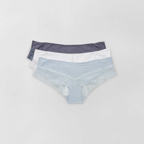 Lot de 3 shorties coton dentelle - Gris/bleu/blanc