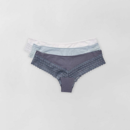 Lot de 3 tangas coton dentelle - Gris/bleu/blanc