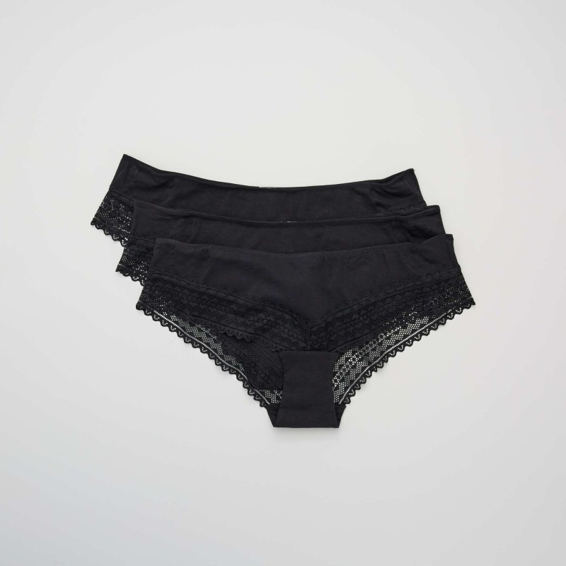 Lot de 3 shorties coton dentelle - Noir