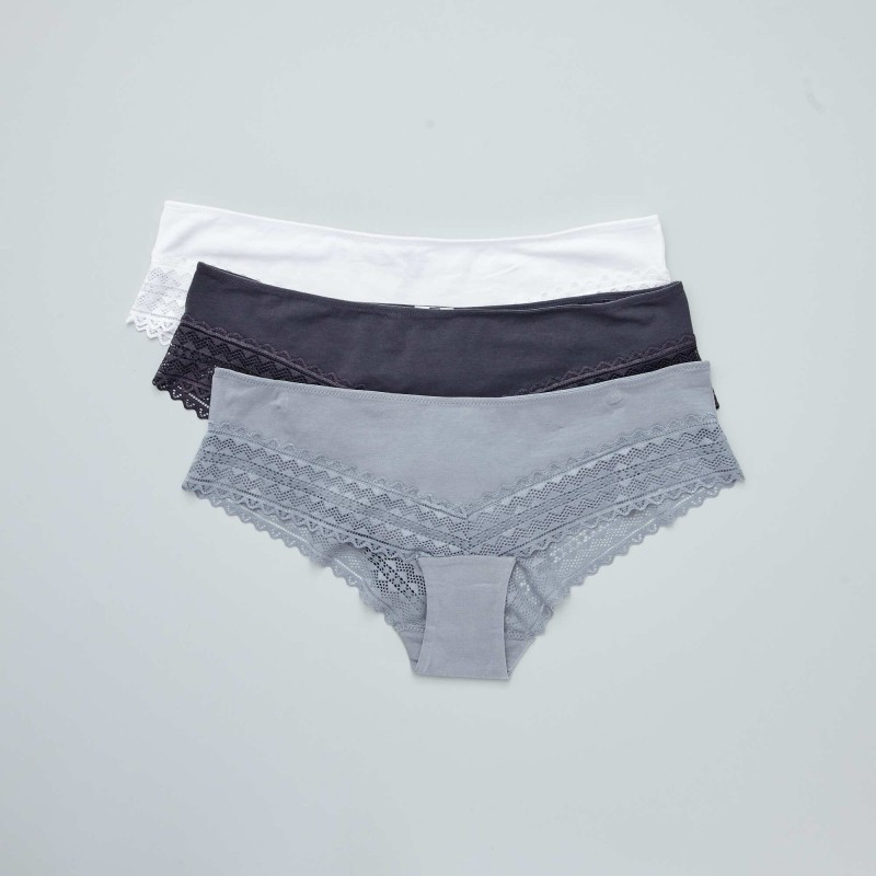 Lot de 3 shorties coton dentelle - Bleu grisé/blanc/gris foncé