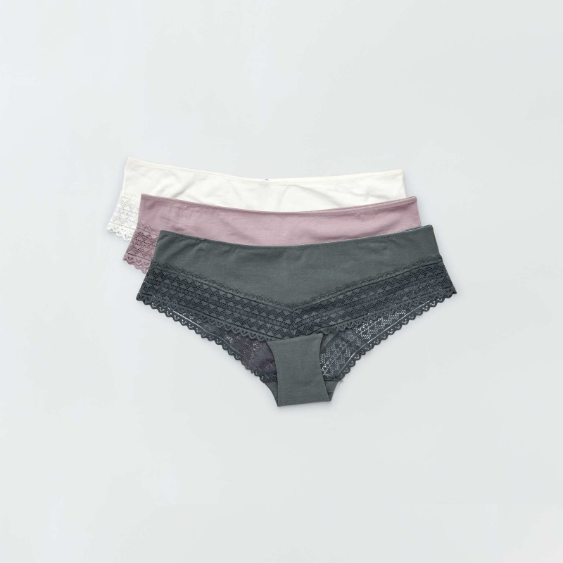 Lot de 3 shorties coton dentelle - Rose grisé/écru/vert