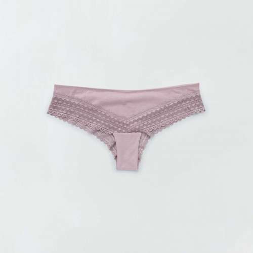 Lot de 3 tangas coton dentelle - Rose grisé/écru/vert