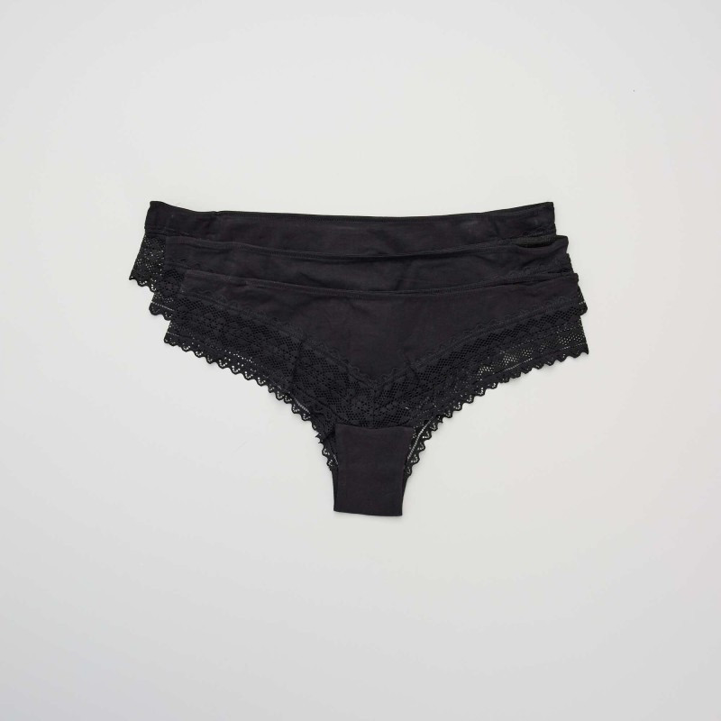 Lot de 3 tangas coton dentelle - Noir