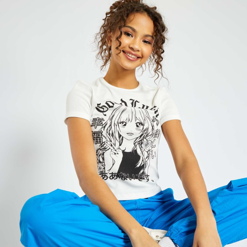 T-shirt cropped avec manga - Blanc