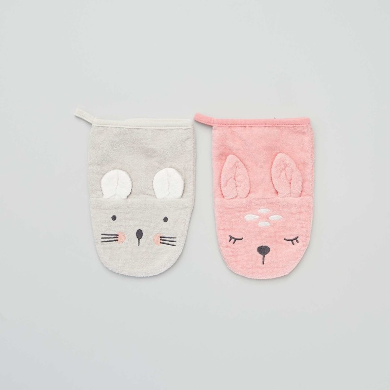 Lot de 2 gants de toilette 'animaux' - Rose