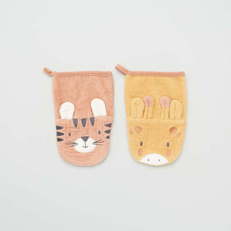 Lot de 2 gants de toilette 'animaux' - Jaune