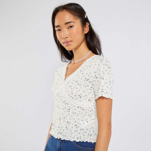 Tee-shirt crop maille pointelle et dentelle - Blanc/bleu