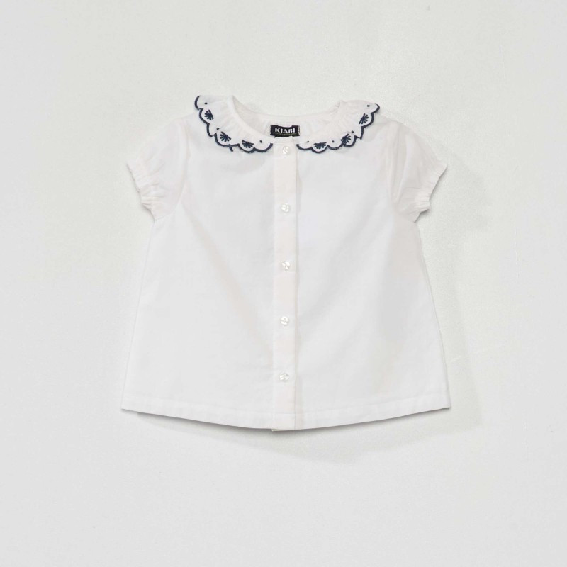 Blouse voile de coton et col claudine - Blanc