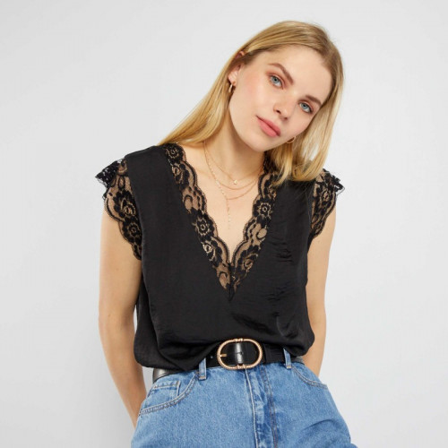 Blouse satinée avec dentelle - Noir