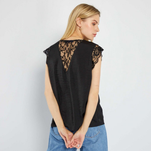 Blouse satinée avec dentelle - Noir