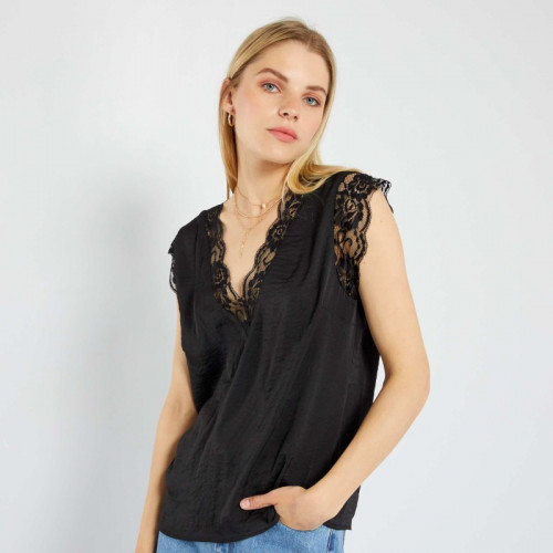 Blouse satinée avec dentelle - Noir