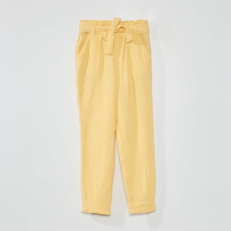 Pantalon paperbag en gaze de coton - Jaune