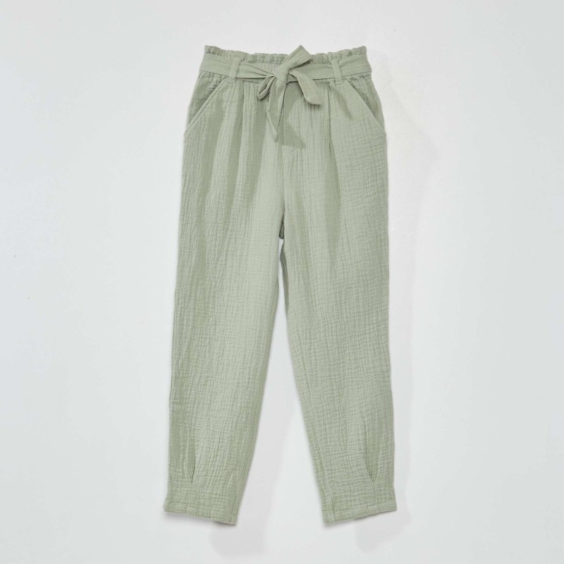 Pantalon paperbag en gaze de coton - Vert