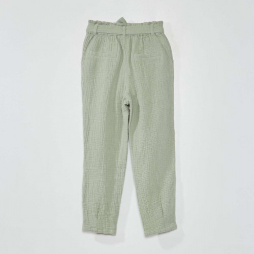 Pantalon paperbag en gaze de coton - Vert