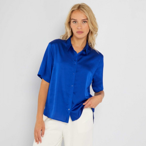 Chemise satinée manches courtes - Bleu