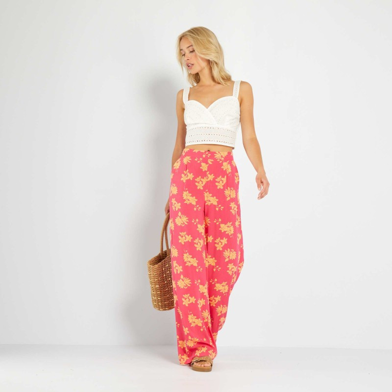 Pantalon large taille haute imprimé - Rose