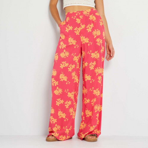 Pantalon large taille haute imprimé - Rose