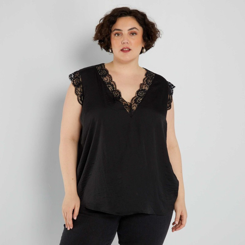 Blouse encolure V avec dentelle - Noir