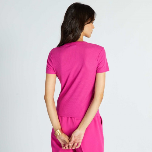 Tee-shirt crop top en maille côtelé - Fuchsia