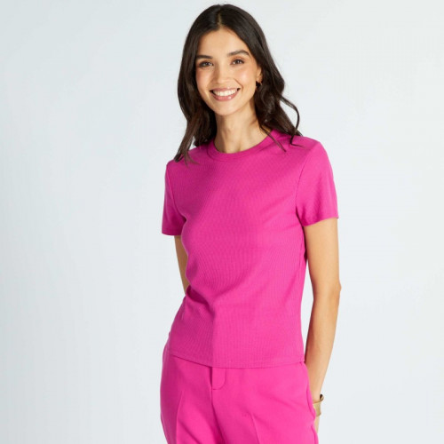 Tee-shirt crop top en maille côtelé - Fuchsia