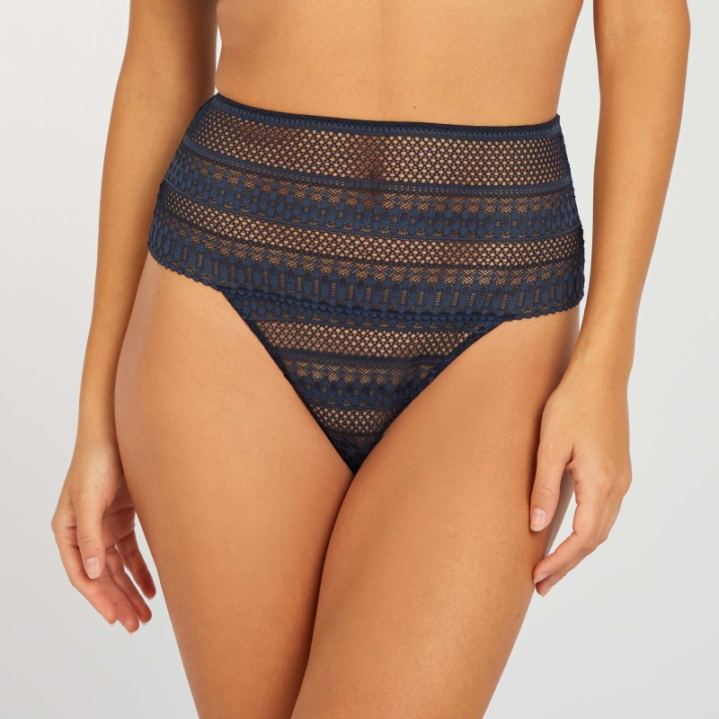 Tanga en dentelle taille haute - Bleu marine