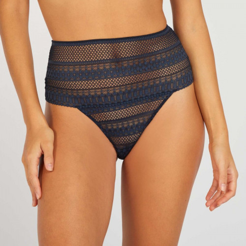 Tanga en dentelle taille haute - Bleu marine