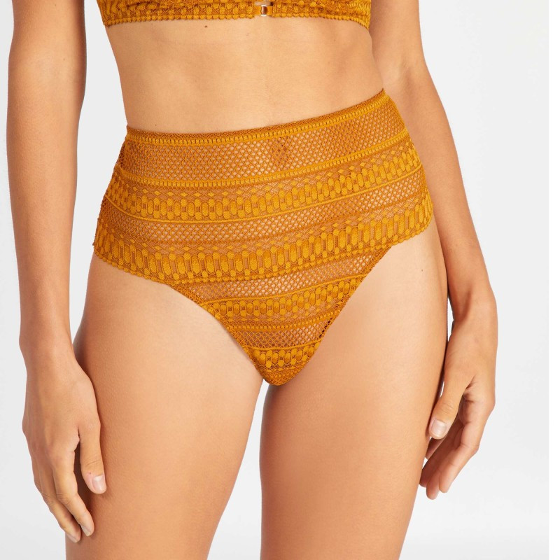 Tanga en dentelle taille haute - Jaune moutarde