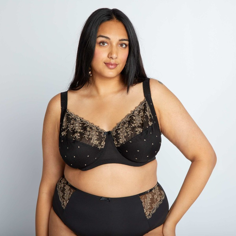 Soutien-gorge en dentelle fleurie bicolore - Noir