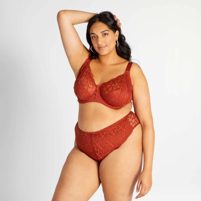 Tanga en dentelle fantaisie - Rouge corail