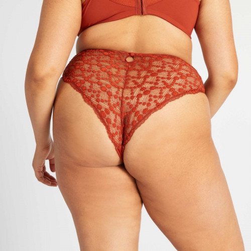 Tanga en dentelle fantaisie - Rouge corail