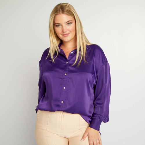 Chemise effet satiné col italien - Violet