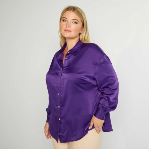 Chemise effet satiné col italien - Violet