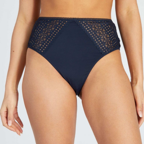 Tanga taille haute en dentelle - Bleu marine