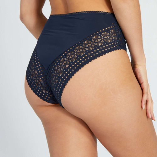 Tanga taille haute en dentelle - Bleu marine