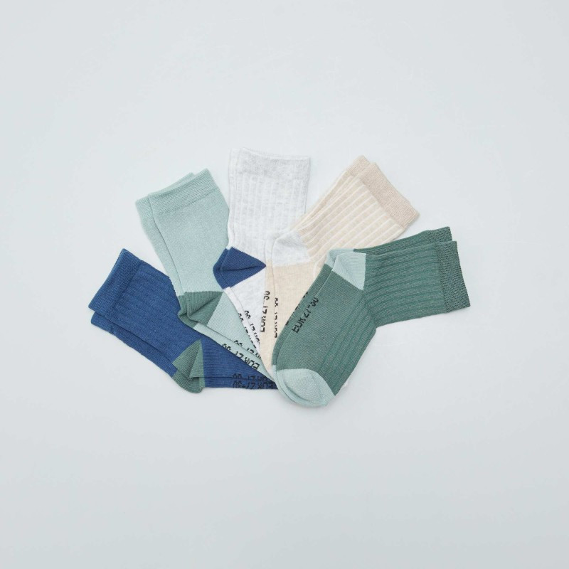 Lot de 5 paires de chaussettes côtelées - Blanc/bleu/vert/beige