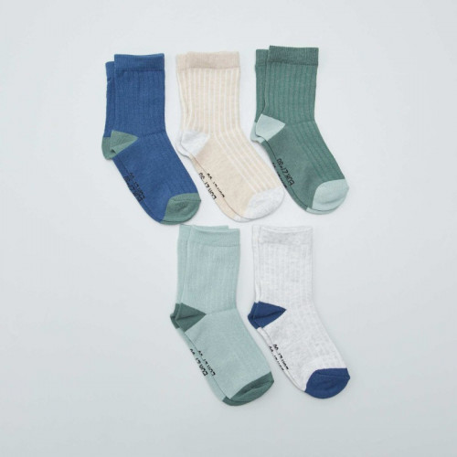 Lot de 5 paires de chaussettes côtelées - Blanc/bleu/vert/beige