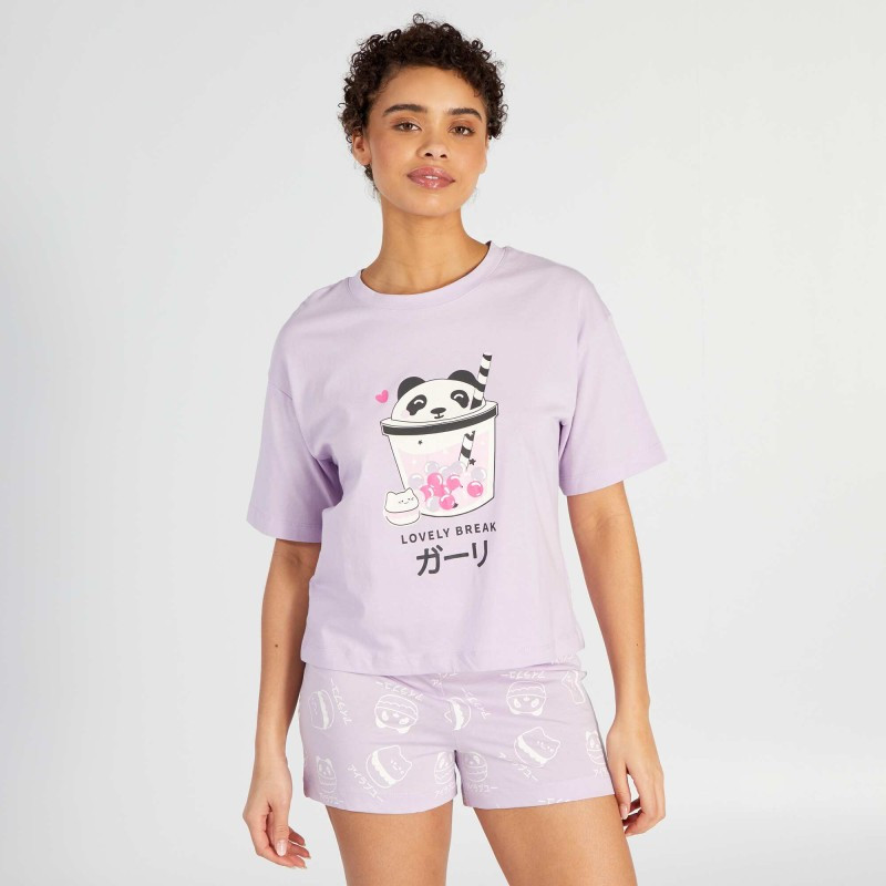 Ensemble pyjama court imprimé t-shirt + short - 2 pièces - Violet