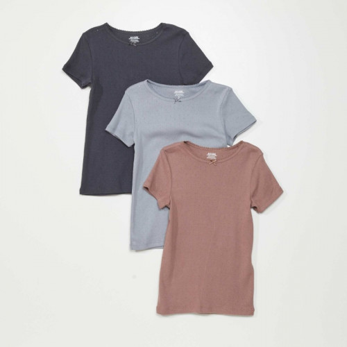 Lot de 3 t-shirts en maille pointelle - Gris/rose/bleu marine