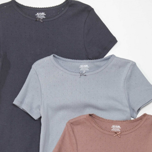 Lot de 3 t-shirts en maille pointelle - Gris/rose/bleu marine