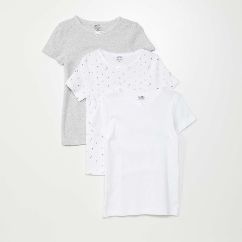 Lot de 3 t-shirts en maille pointelle - Blanc/gris