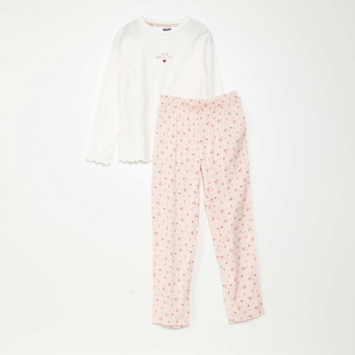 Pyjama long en jersey - 2 pièces - Blanc/rose