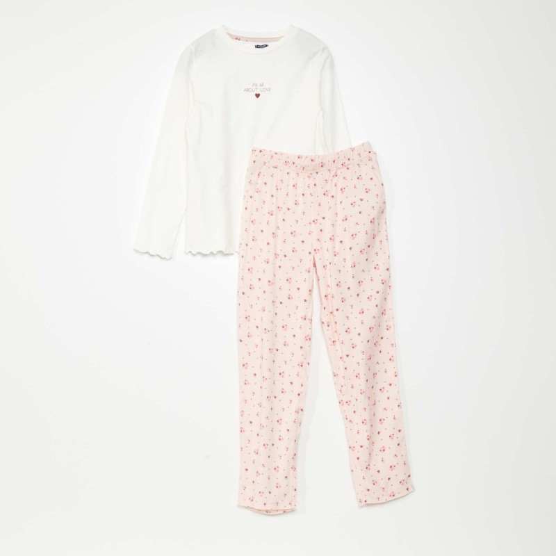 Pyjama long en jersey - 2 pièces - Blanc/rose