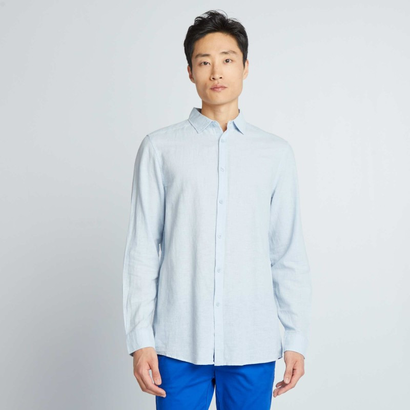 Chemise droite en lin et en coton - Bleu ciel