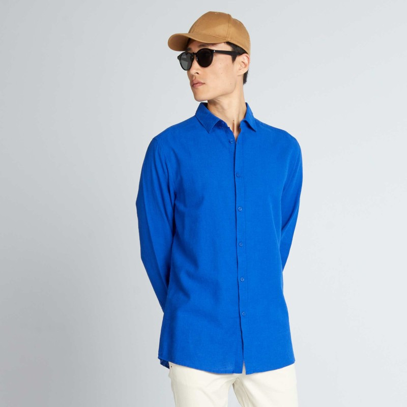 Chemise droite en lin et en coton - Bleu