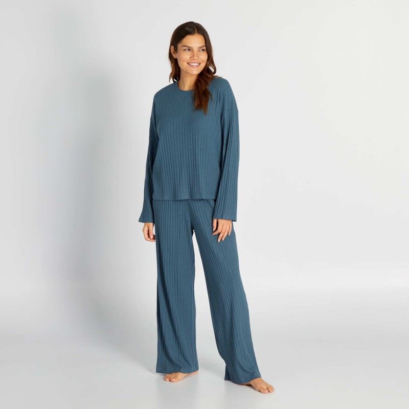 Ensemble pyjama côtelé t-shirt + pantalon - 2 pièces - Bleu