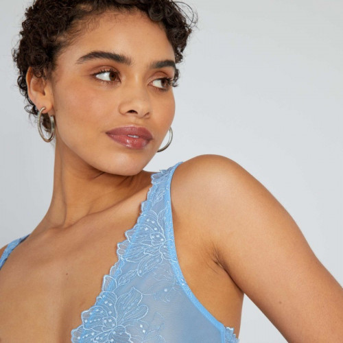 Soutien-gorge triangle tulle et microfibre satinée - Bleu