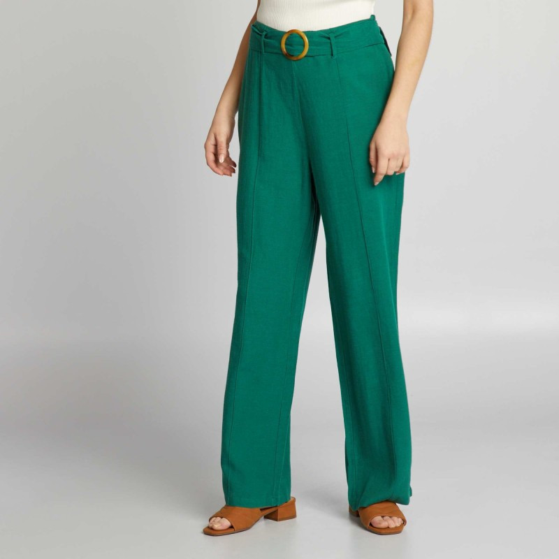 Pantalon large taille haute en lin - Vert