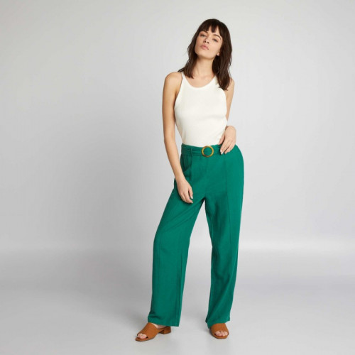 Pantalon large taille haute en lin - Vert