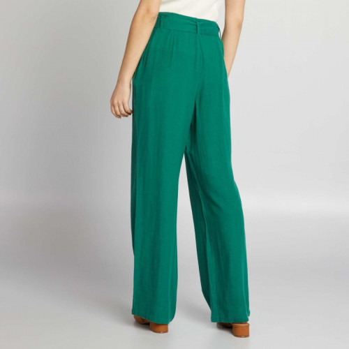 Pantalon large taille haute en lin - Vert