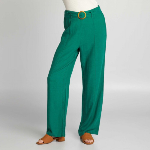 Pantalon large taille haute en lin - Vert